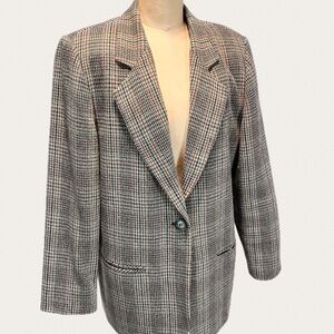 VINTAGE 90s Wool plaid‎ tweed women’s blazer suit coat jacket neutral sag harbor